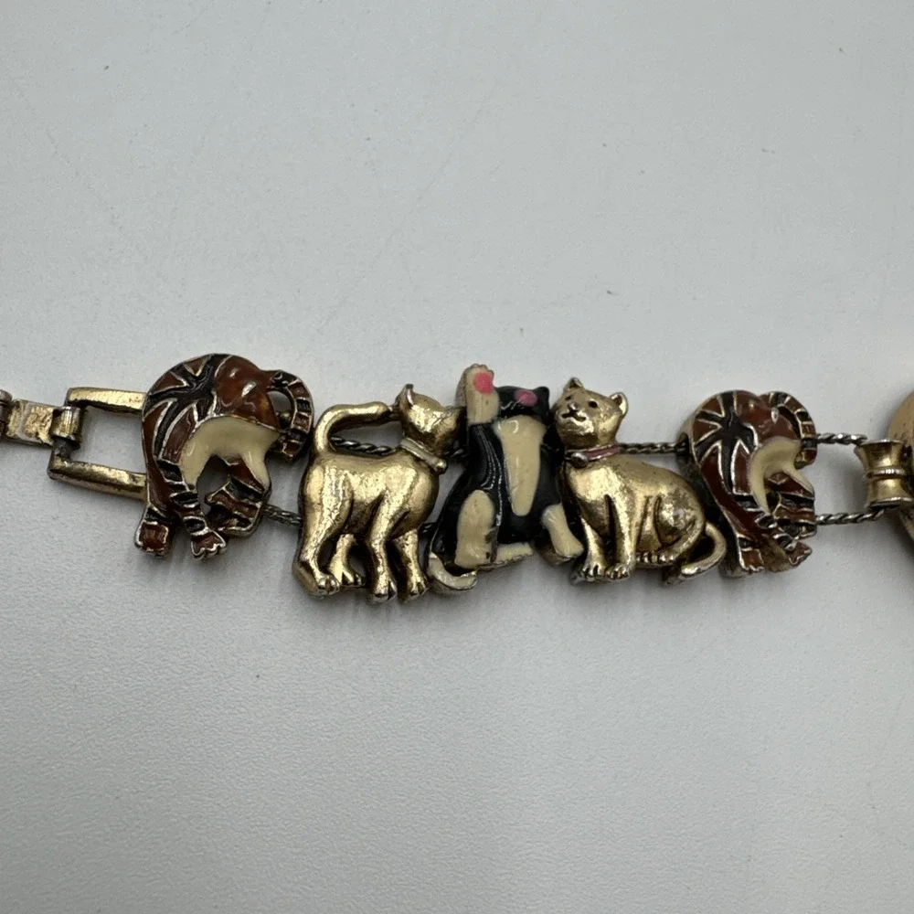 VTG Jennie B Enamel Cats Gold Tone Slide Charm Bracelet Wrist Watch Not Tested